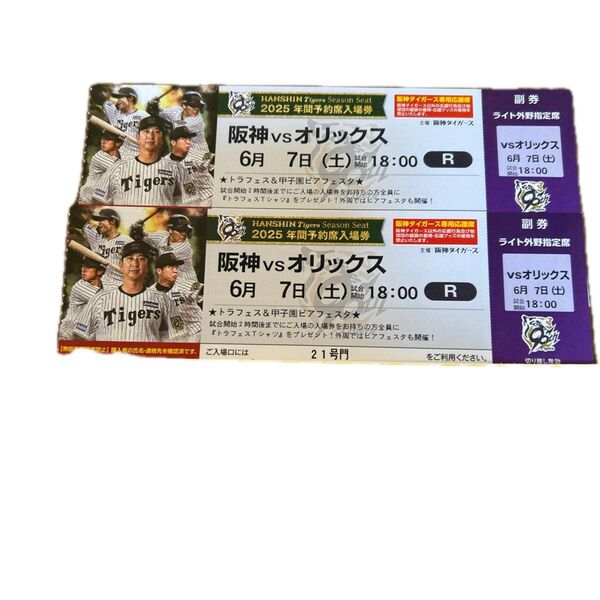 阪神タイガース 甲子園球場 ライト外野席 ペア チケット 2席連番(雨天補償あり)セパ交流戦