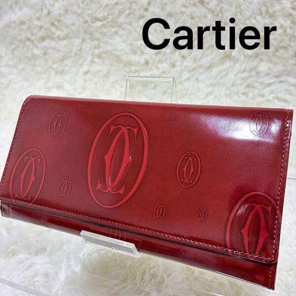 【極美品】カルティエ ハッピーバースデー エナメル ロゴ あり ボルドー 長財布