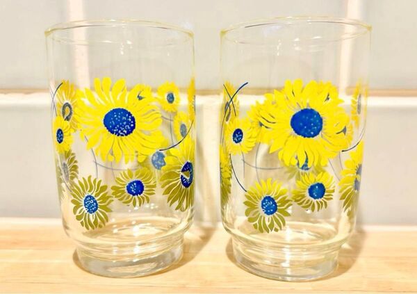 昭和レトロ 佐々木ガラス ひまわり 花柄 2個セット レトログラス アンティーク 未使用 美品 アンティーク ヴィンテージ レトロ