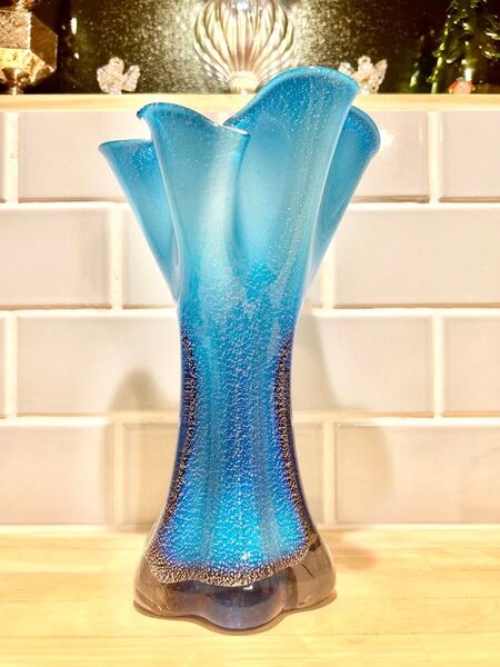 レトロ マルティグラス ガラス フリル 花瓶 フラワーベース 美品 花器 花入 青 グラデーション ブルー blue 天の川 星空