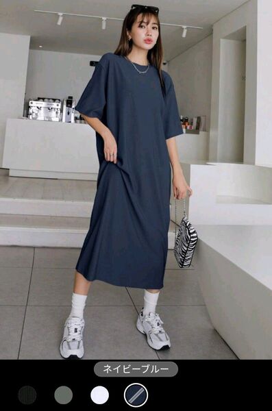 シーイン デイジー ドロップショルダーTシャツワンピース ネイビー ロングワンピース