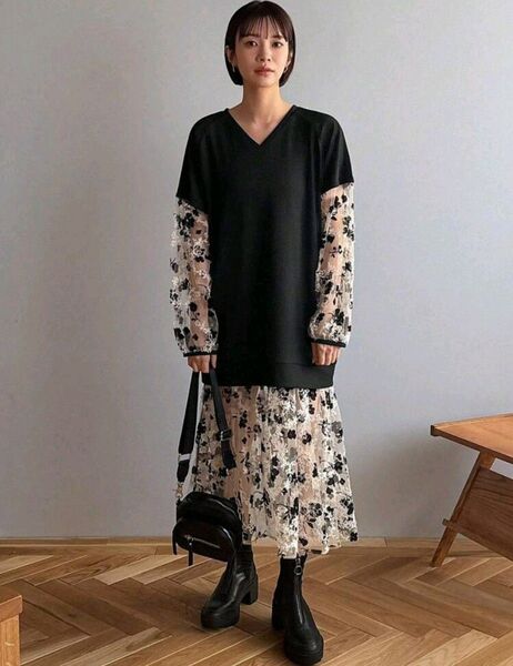 シーイン フリフル 刺繍メッシュ シースルー シアー フラワー装飾 ワンピース ロングワンピース
