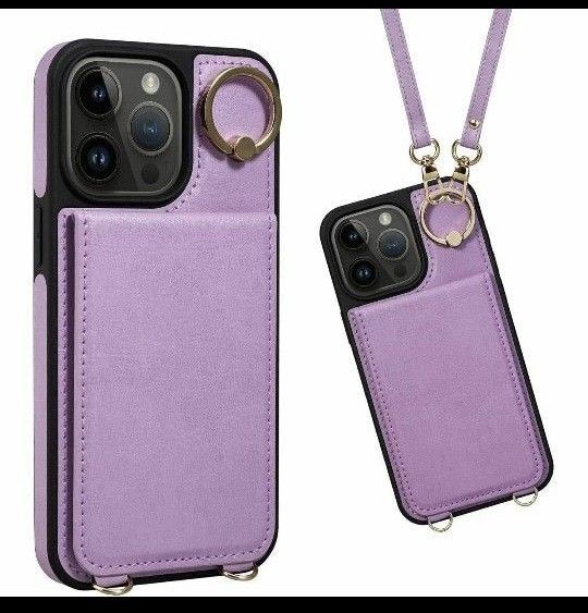 iPhone15pro max スマホケース パープル ショルダー カード収納