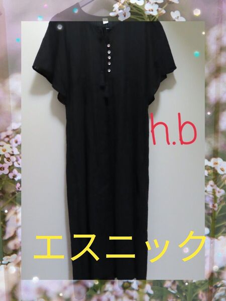 h.b 半袖シャツワンピース 黒 綿100 エスニック 涼しげ