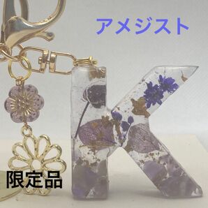ハンドメイド レジン イニシャルキーホルダー アメジストとドライフラワーK