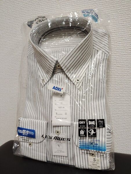 AOKI 新品 ストライプ ワイシャツ S (37-80)ホワイト×濃紺ボーダー