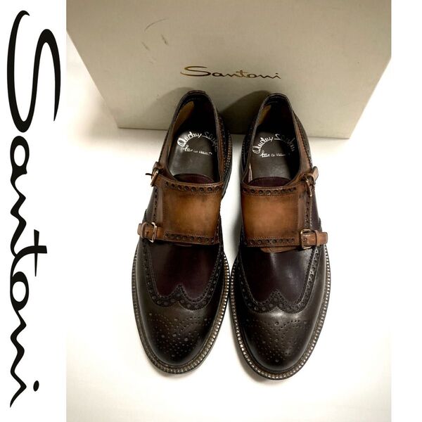 新品 SANTONI サントーニ 最高級ライン 23.2万円 パティーヌ ビジネス ダブルモンクストラップ ラバーソール 正規品