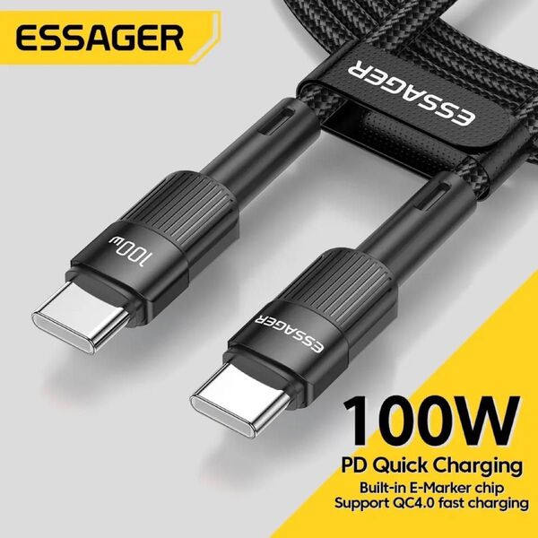 Essager 100WケーブルUSB-C pd急速充電器ワイヤーコードmacbookサムスンxiaomi,2m,C to C