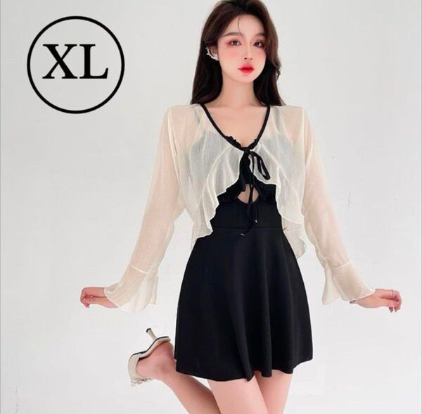 レディース 水着 ワンピース ラッシュガード付 XL 膝上丈 長袖 ショート丈