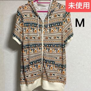 新品 未使用 半袖 ジップアップ パーカー エスニック柄 オレンジ 白 レディース M