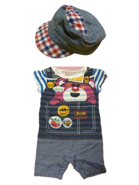 JAM 70 ボーダーデニム セパレート風ロンパース 男の子 ベビー服 プリント ショートオール 半袖 帽子42cmセット