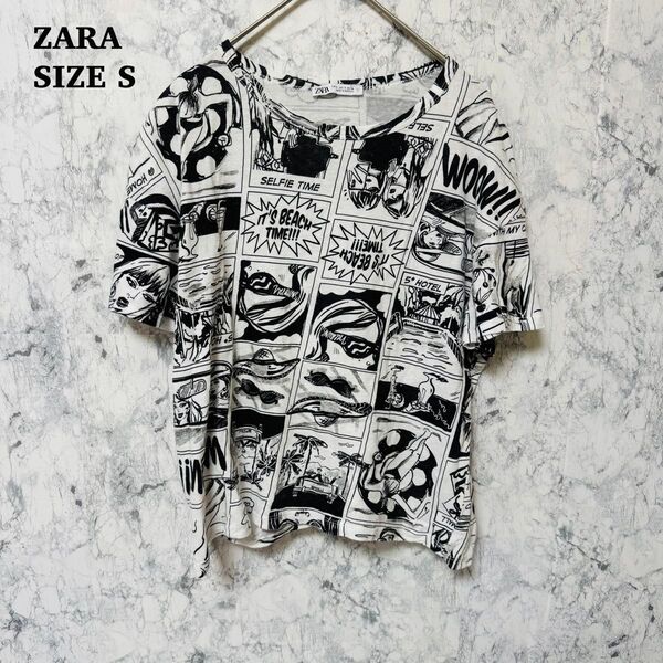 美品 ZARA アメコミ柄Tシャツ ホワイト クロップド丈 Sサイズ