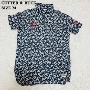訳あり美品 cuttr&back カッターアンドバック ポロシャツ ゴルフシャツ 総柄 半袖 ネイビー系 ゴルフウェア