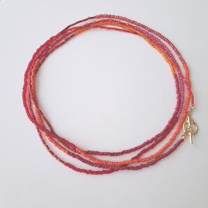 No.110 ビーズネックレスロング ハンドメイド 赤 レッド 2連 3連ネックレス レディース カジュアル マンテル