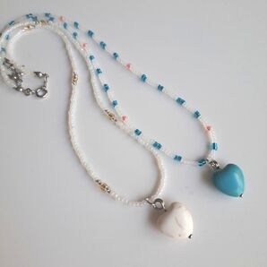 No.116 ビーズネックレス ハンドメイド レディース 天然石 ハートチャーム ビーズアクセサリー ブルー ホワイト 2個セット