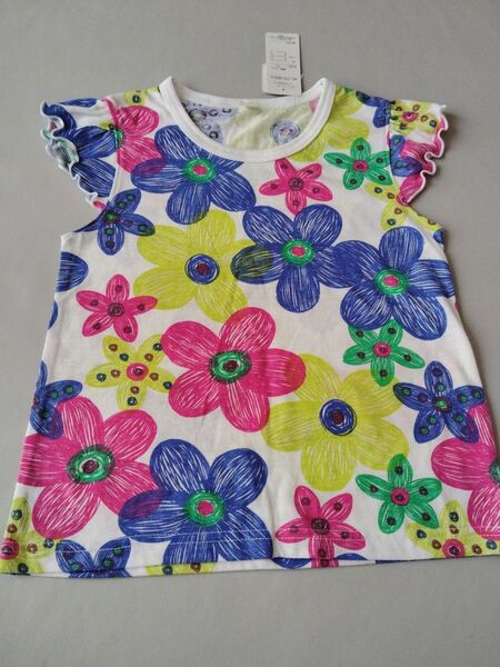 新品 カラフル花柄 フリル袖 Tシャツ サイズ120 女の子 半袖Tシャツ カットソー