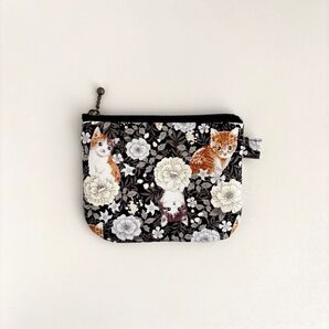 猫 フラワー ミニポーチ ハンドメイド 小銭入れ カード入れ ブラック No.496