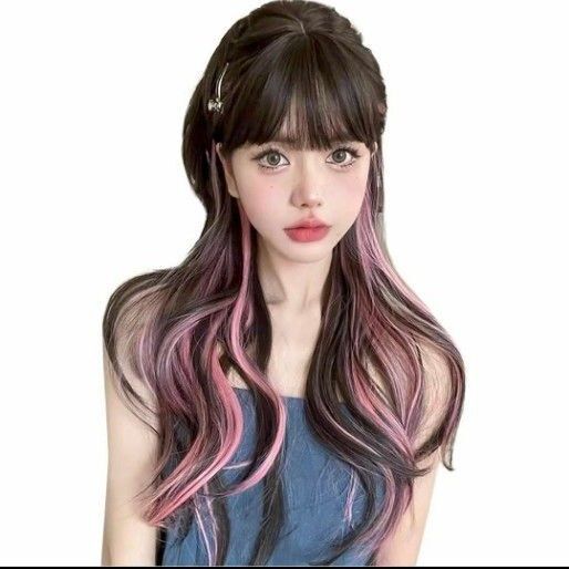 新品未使用 ウィッグ ロング 巻き髪 櫛付き ブラックブラウン&ピンク