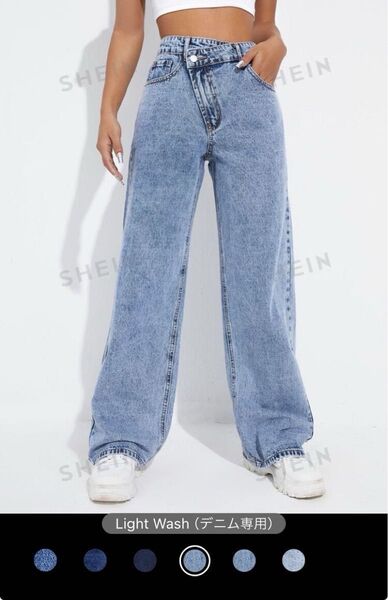 【最終価格】SHEIN 段差 ウエスト ワイドレッグ ジーンズ JP-L(S) ウエストクロスデニム