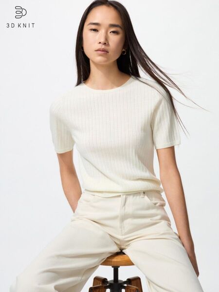 ユニクロ UNIQLO 3Dメリノリブクルーネックセーター5分袖