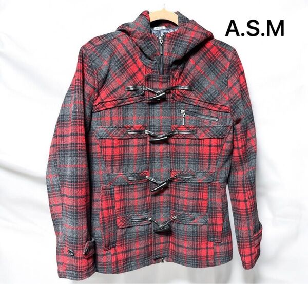 A.S.M メンズ ダッフルコート 赤黒チェック LL ウール×ポリ カジュアル