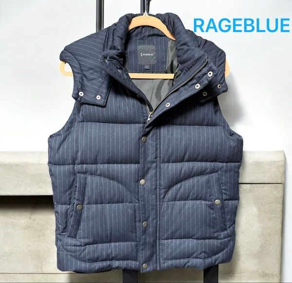RAGEBLUE 中綿ベスト ネイビー ストライプ柄 Lサイズ フード着脱 美品