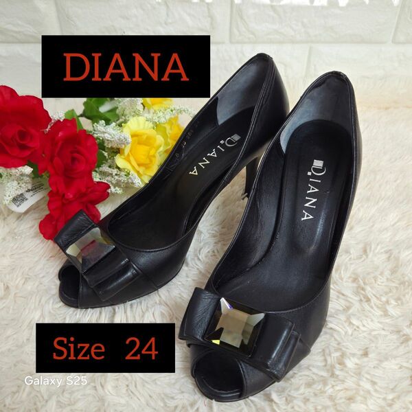 DIANA パンプス オープントゥ ビジュー 24cm ブラック レザー