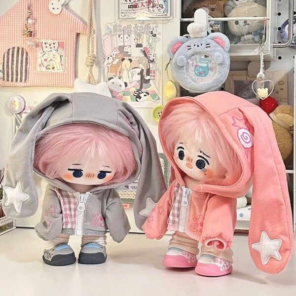 ぬい服 20cmぬいぐるみ用 着せ替え 無属性 うさぎコート 服 パーカー グレーとピンク 2点服のみ