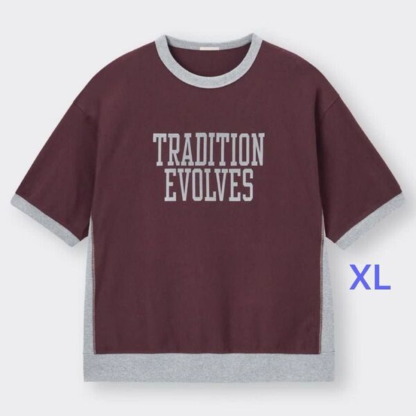 GU スウェT(5分袖)(カラーブロック) XL ワイン スウェットTシャツ パープル プリント