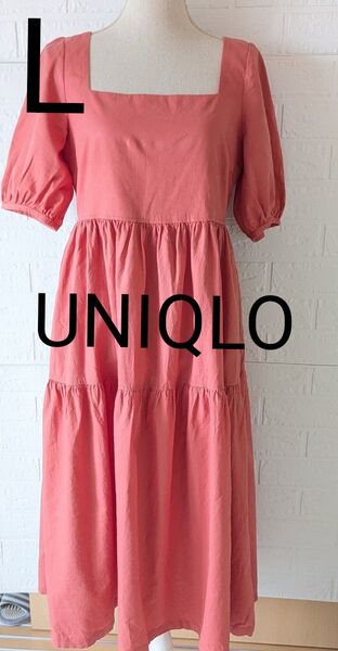 ユニクロ UNIQLO ワンピース 半袖 オレンジ Lサイズ 麻53%