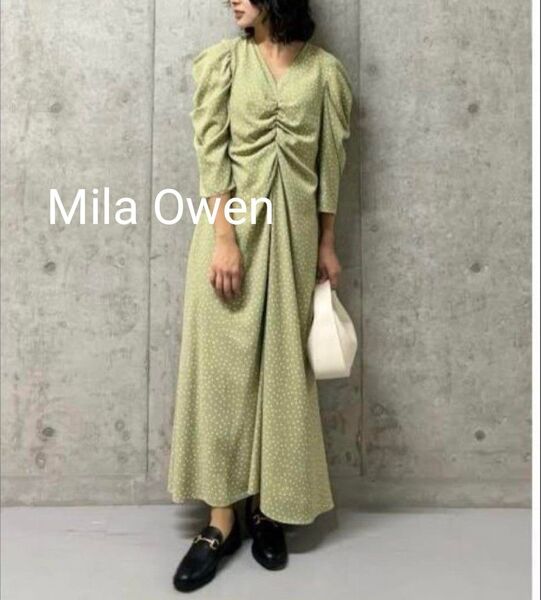 【試着のみ】Mila Owen ミラオーウェン Vネックタックギャザー ドットグリーン ワンピース