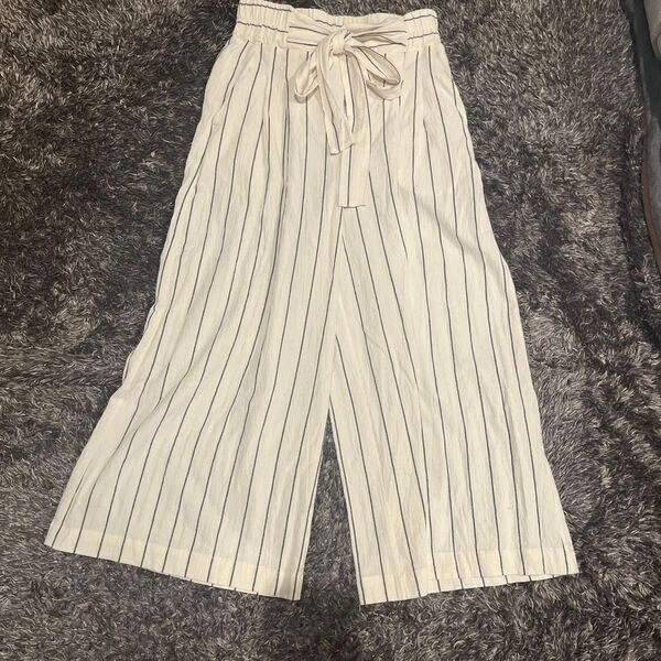 綿100% 生成×ネイビーストライプ ワイドパンツ サロペット 2way Mサイズ ナチュラル系
