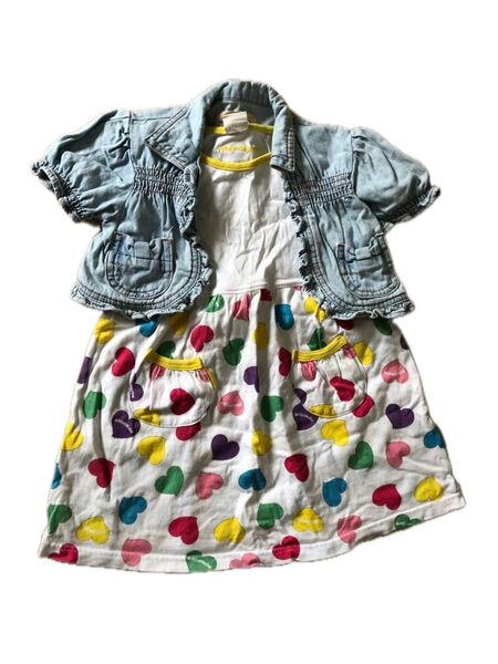 【期間限定】半袖 ショート丈 デニムジャケット&ノースリーブ ワンピース 2点セット 110cm 女の子 ハート柄