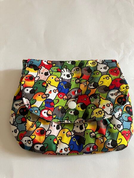 オウム柄 ふっくら蓋付きポーチ ハンドメイド
