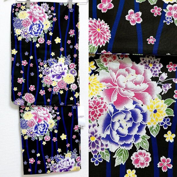 ◆新品 京都室町 浴衣単品 芍薬、桜、菊、流線柄