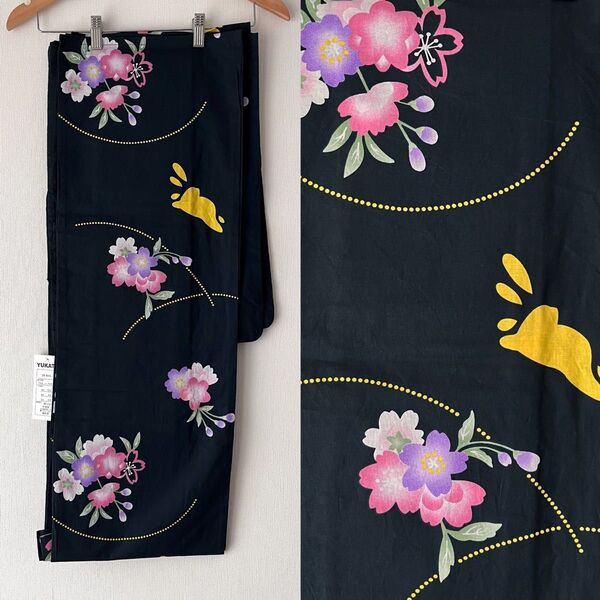 ◆新品 浴衣単品 黒地にうさぎ 桜柄