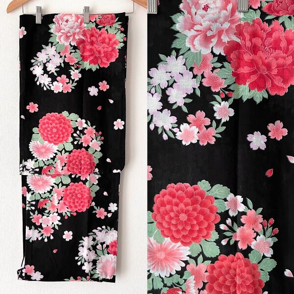 ◆新品 浴衣単品 黒地に赤系花輪柄