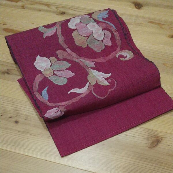 名古屋帯 綴れ織り お太鼓柄 松葉仕立 花柄 エビ茶色 刺繍 つづれ 正絹 美品