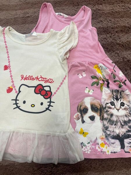 100サイズ H&M ワンピース キティ 半袖トップス 猫 犬 小鳥