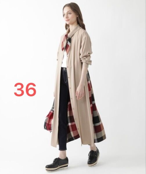 ブルーレーベルクレストブリッジ 36 ドレープツイルワンピース リボンタイ バックチェック ロング丈 マキシ丈 ゆったり レッド赤