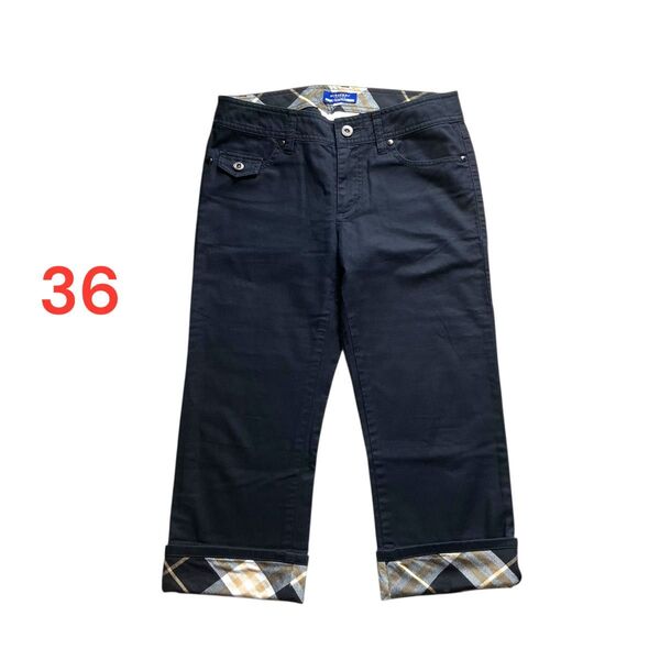 良品◆BURBERRY BLUELABEL バーバリーブルーレーベル 七分丈 パンツ 裾チェック柄 ブラック黒 36 デニムパンツ