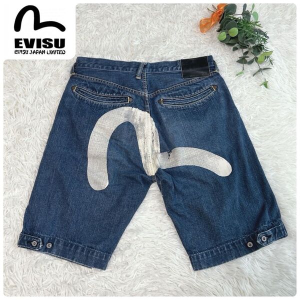 超希少 エヴィス EVISU ハーフパンツ ビックカモメ 大黒 ボタンフライ エビス 赤耳 濃紺 インディゴ ショーツ デニム