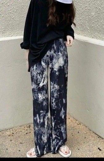 モノクロ マーブル模様 イージーパンツ さらてろ ジム ヨガ 冷感 軽い 薄手 リラックス パンツ ルームウェア UVカット