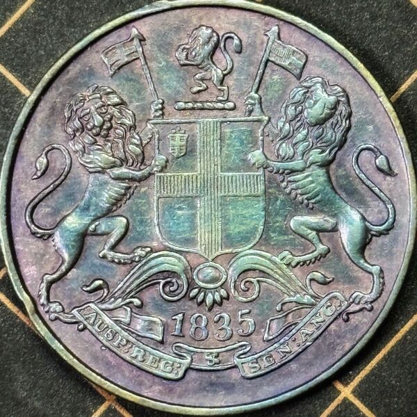 東インド会社発行|1/4アナ銅貨 1835年|英領インド時代の歴史的コイン レア パープルトーン 極美品 本物保証