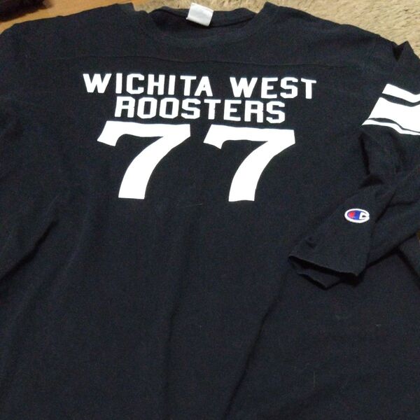 Champion ロンT Wichita West Roosters 77 黒 ブラック 古着 長袖Tシャツ