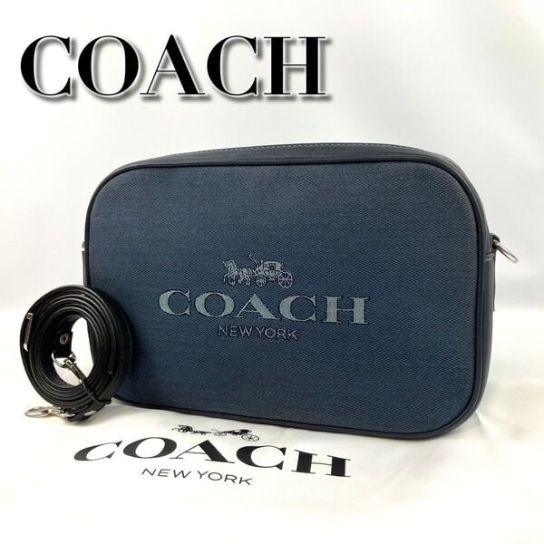 美品 COACH コーチ カメラバッグ ショルダー ダブルファスナー デニム 斜め掛け ネイビー