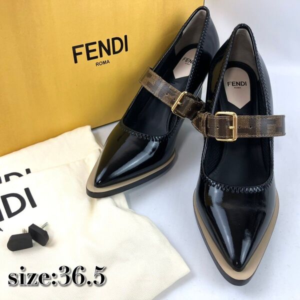 美品 FENDI フェンディ パンプス ベルト ズッカ柄 エナメル ブラック 約23.5cm