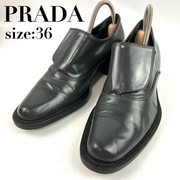 PRADA プラダ ビジネスシューズ ベルクロ プレーントゥ 内羽根 グレー 約23cm