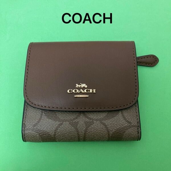 COACH F87589 コーチ シグネチャー コンパクトウォレット 三つ折り財布 レザー pvc ブラウン系