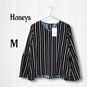 【新品】タグ付き ハニーズ M 袖切り替えブラウス ネイビー マルチストライプ 長袖 Honeys